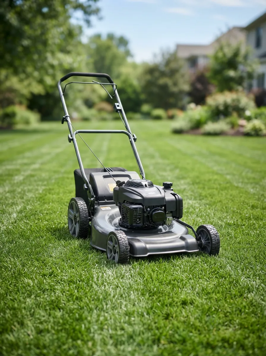 A clean, frontal view of the Bolens 450E push lawn mower as the sole subject on a pristine lawn.