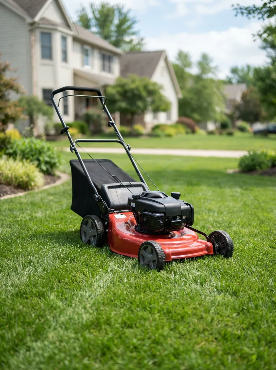 The Bolens 500E push lawn mower shown on a green lawn with a suburban house blurred in the background.