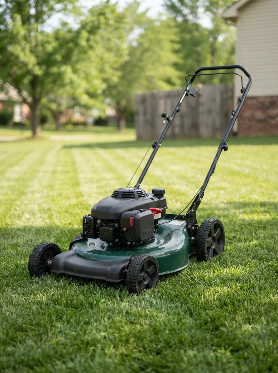 The Bolens 20-inch Gas Push Lawn Mower with 125-cc Briggs and Stratton Engine on a suburban lawn.