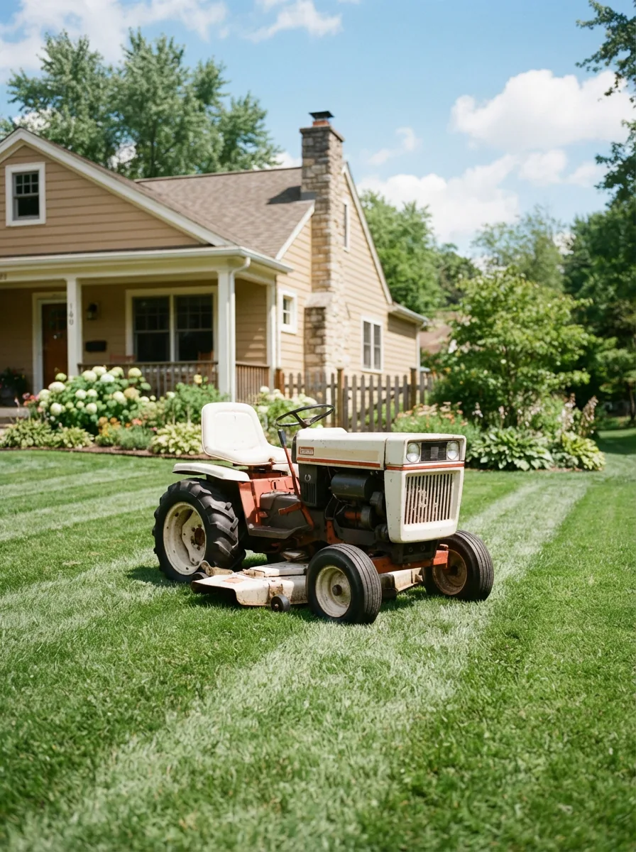 A Bolens yard tractor parked on a well-maintained residential lawn in front of a house.