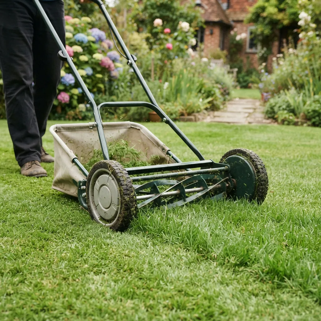 A Bolens manual push reel mower cutting grass in a small yard.