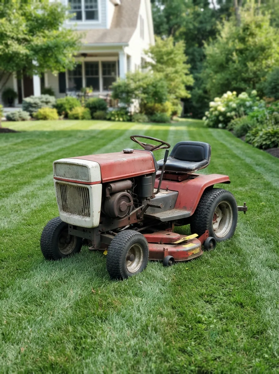 A classic Bolens riding lawn mower parked on a manicured lawn, ready for work.