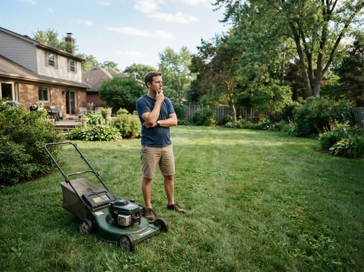 A person pausing to think while looking at their lawn and a Bolens push mower.