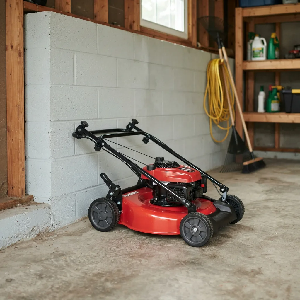 A Bolens push mower with its handle folded forward for compact storage.