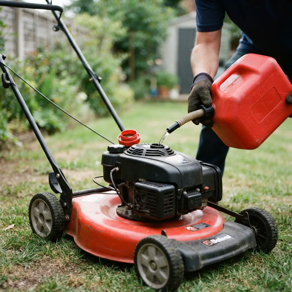 Fuel being poured into the tank of the Bolens push lawn mower.