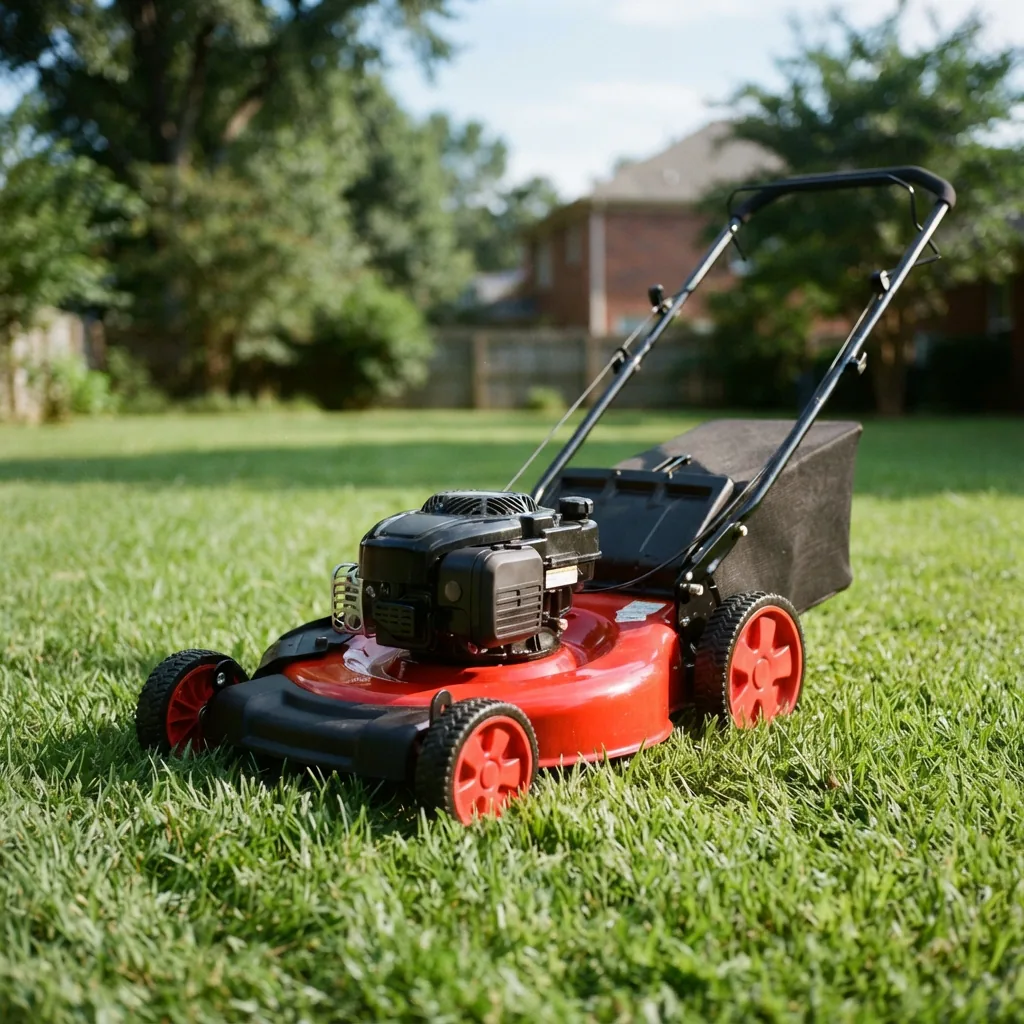 Another view of a new Bolens 20-inch gas push lawn mower on grass.