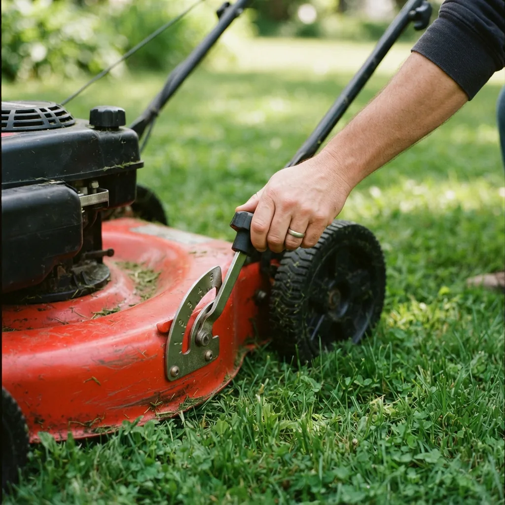 A person's hand adjusting the cutting height lever on a Bolens push mower deck.