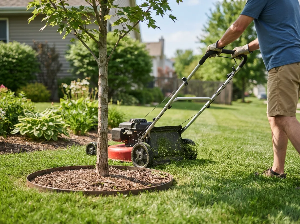 A Bolens push lawn mower being maneuvered around a small tree in a residential yard.
