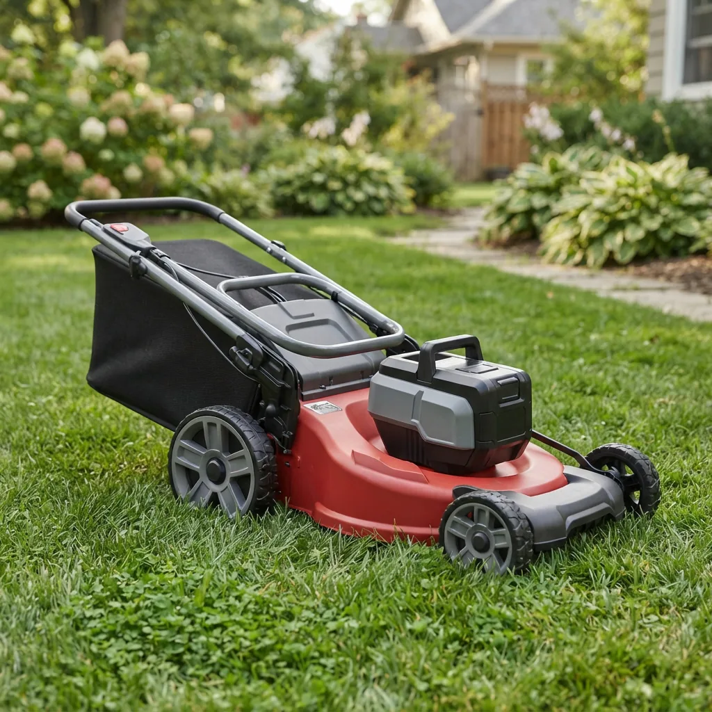 A Bolens 20-inch battery-powered push mower with a removable battery.