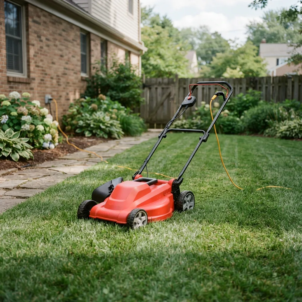 A Bolens 20-inch corded electric push mower plugged in on a lawn.