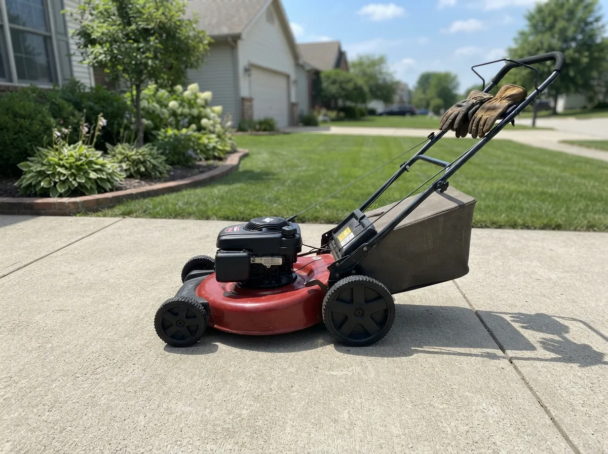 Bolens push lawn mower parked on a clean driveway next to a garage.