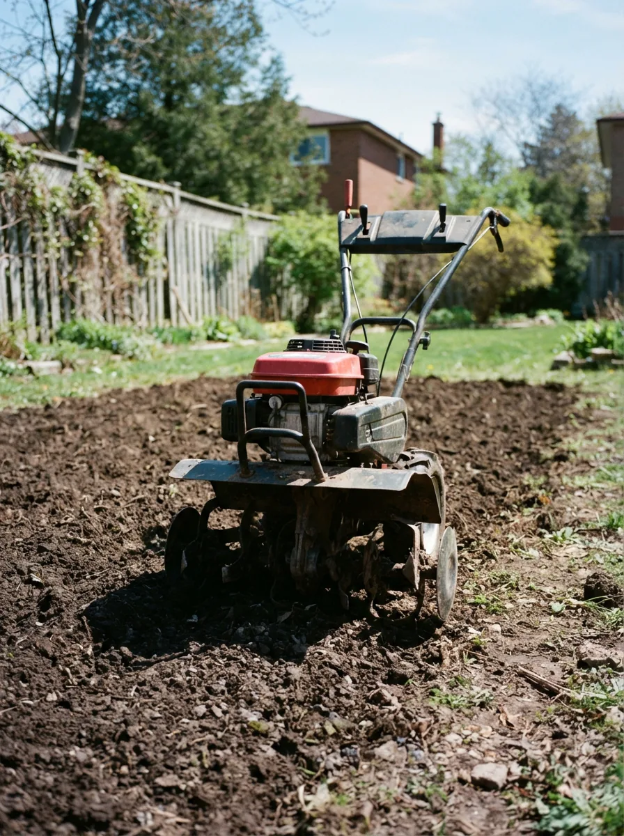 A Bolens front-tine tiller poised at the edge of a well-maintained garden plot.