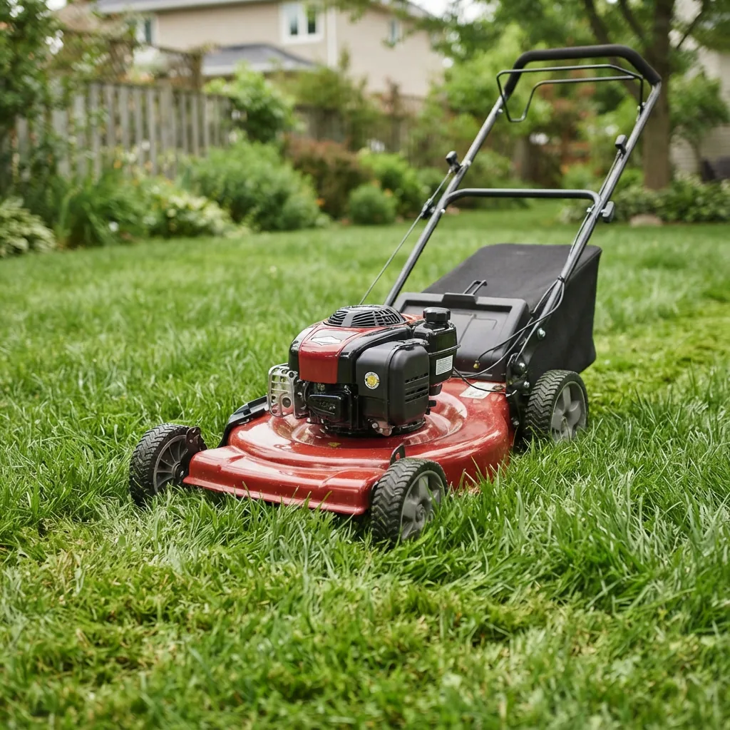 A Bolens gas-powered push mower with a visible engine on a lawn with thicker grass.
