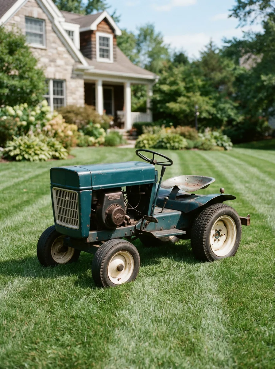 A classic Bolens lawn tractor parked on a well-manicured suburban lawn with a house in the background.