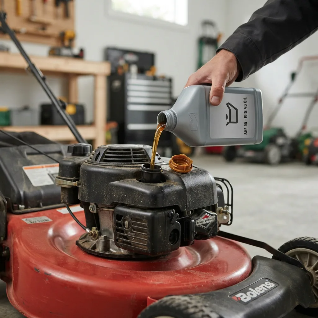 Close-up of a person pouring engine oil into the Bolens mower's fill port.