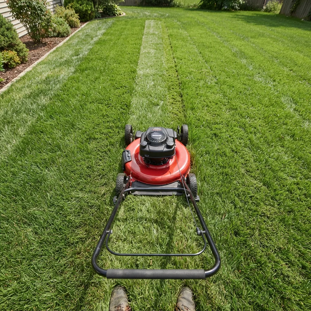 A top-down view showing the width of a Bolens push mower cutting deck against grass.