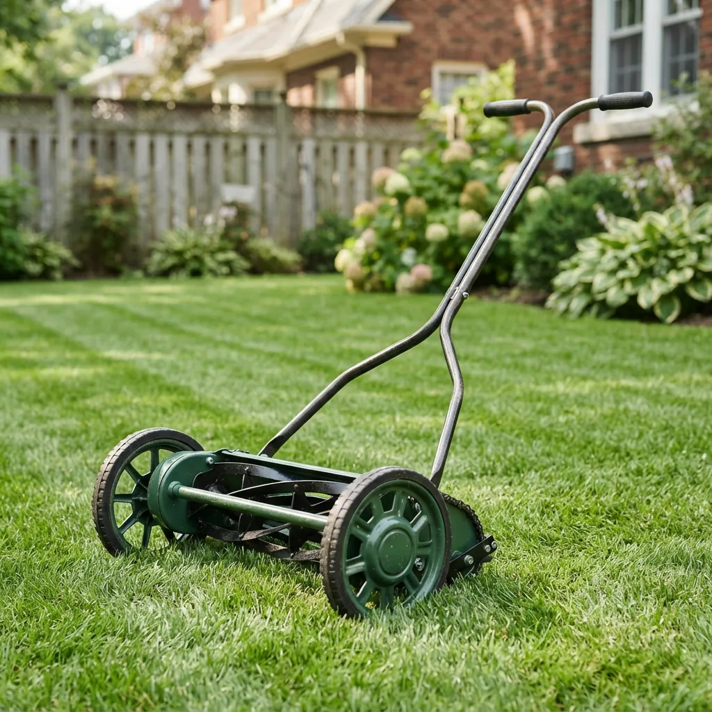 A Bolens 19-inch manual push reel mower on a small lawn.