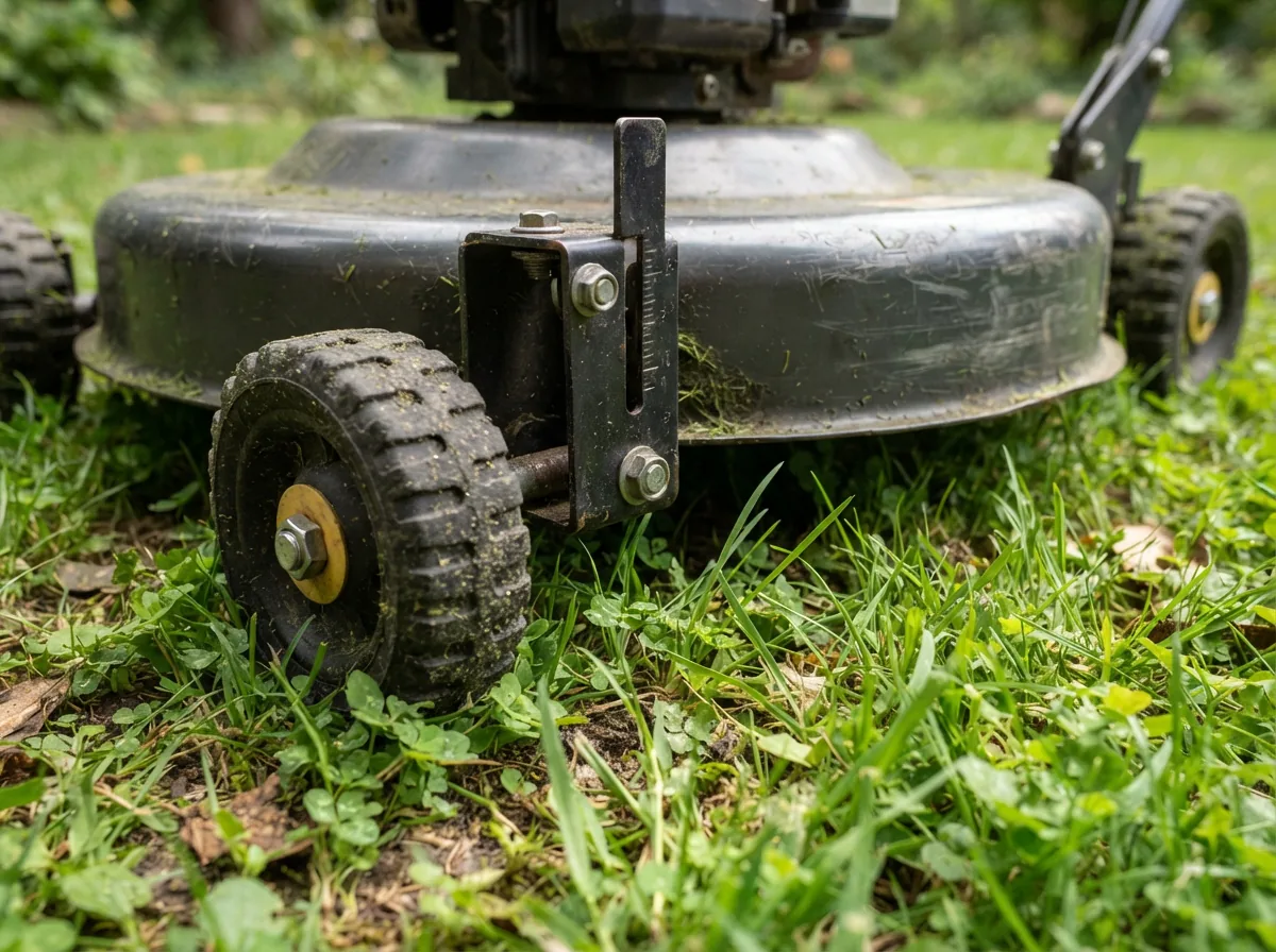 Detail view of the Bolens push mower deck and front wheel assembly on grass.