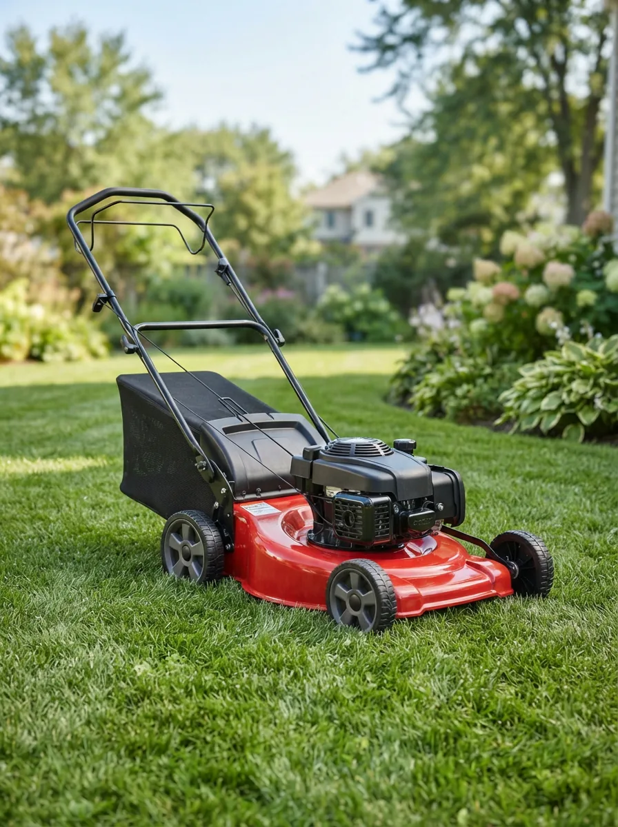 Bolens 21-inch push lawn mower hero product shot on a well-kept lawn.