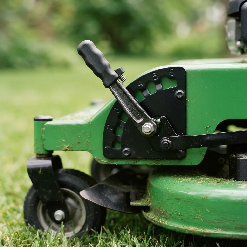 Close-up of the height adjustment lever on the deck of the Bolens mower.