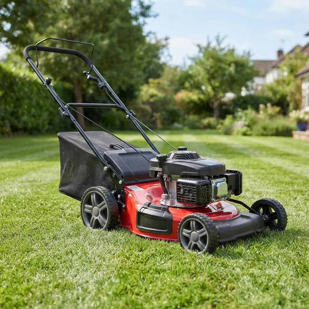 A Bolens 21-inch gas push mower with a rear grass bag attached.
