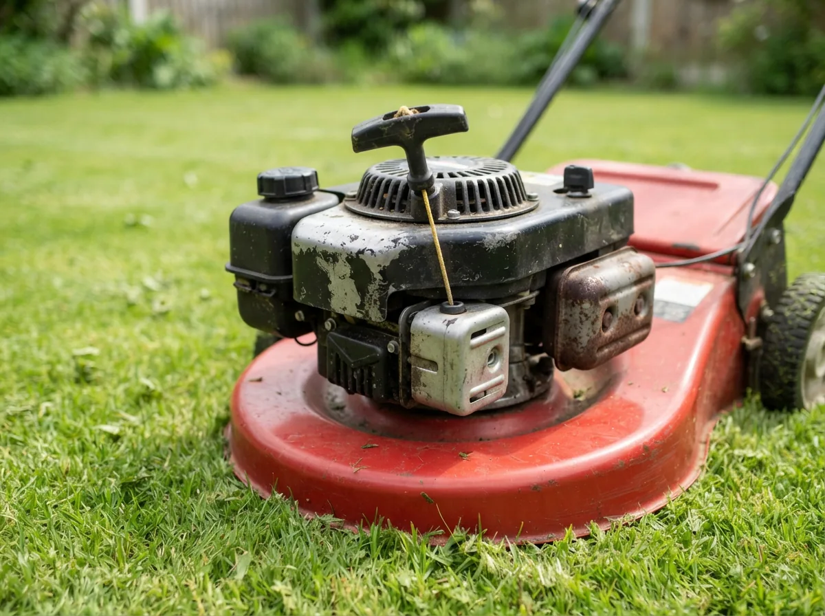 Close-up of the Bolens 500E push lawn mower engine and pull-start handle on a green lawn.