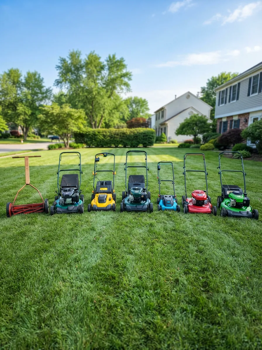 A lineup of different Bolens push lawn mower models on a green residential lawn.