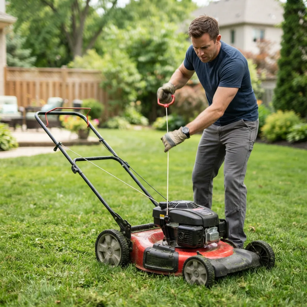 A person starting the Bolens push mower by pulling the starter cord.