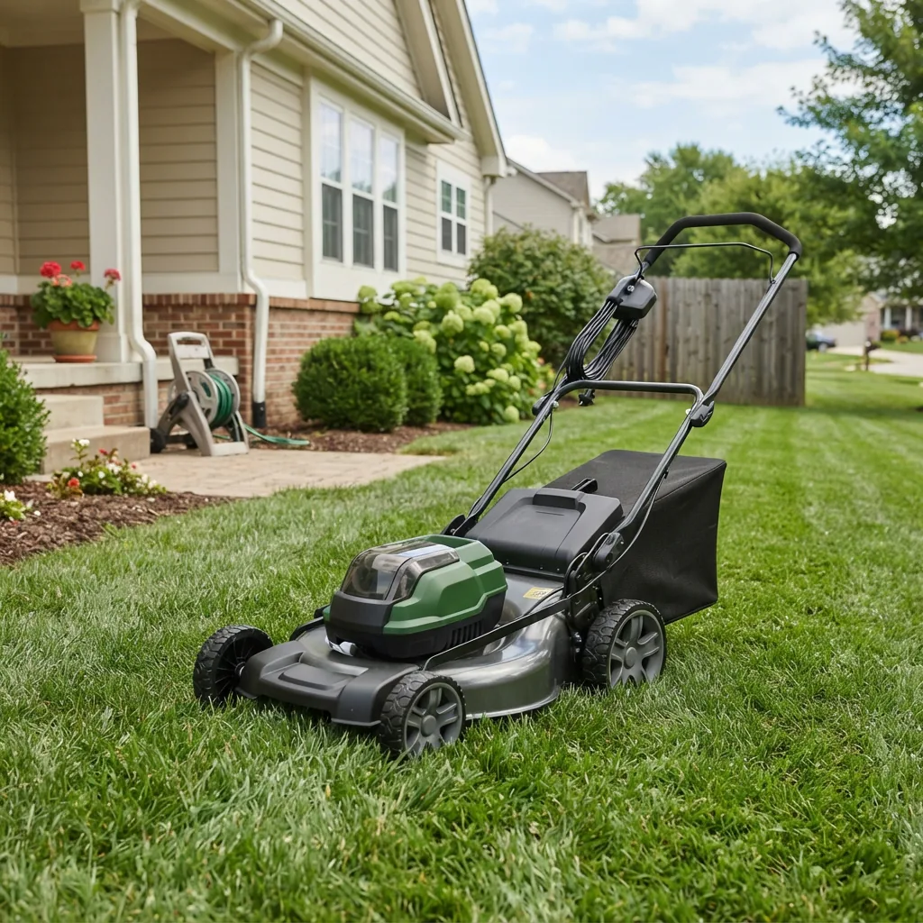 A Bolens electric push mower on a suburban lawn near a house.