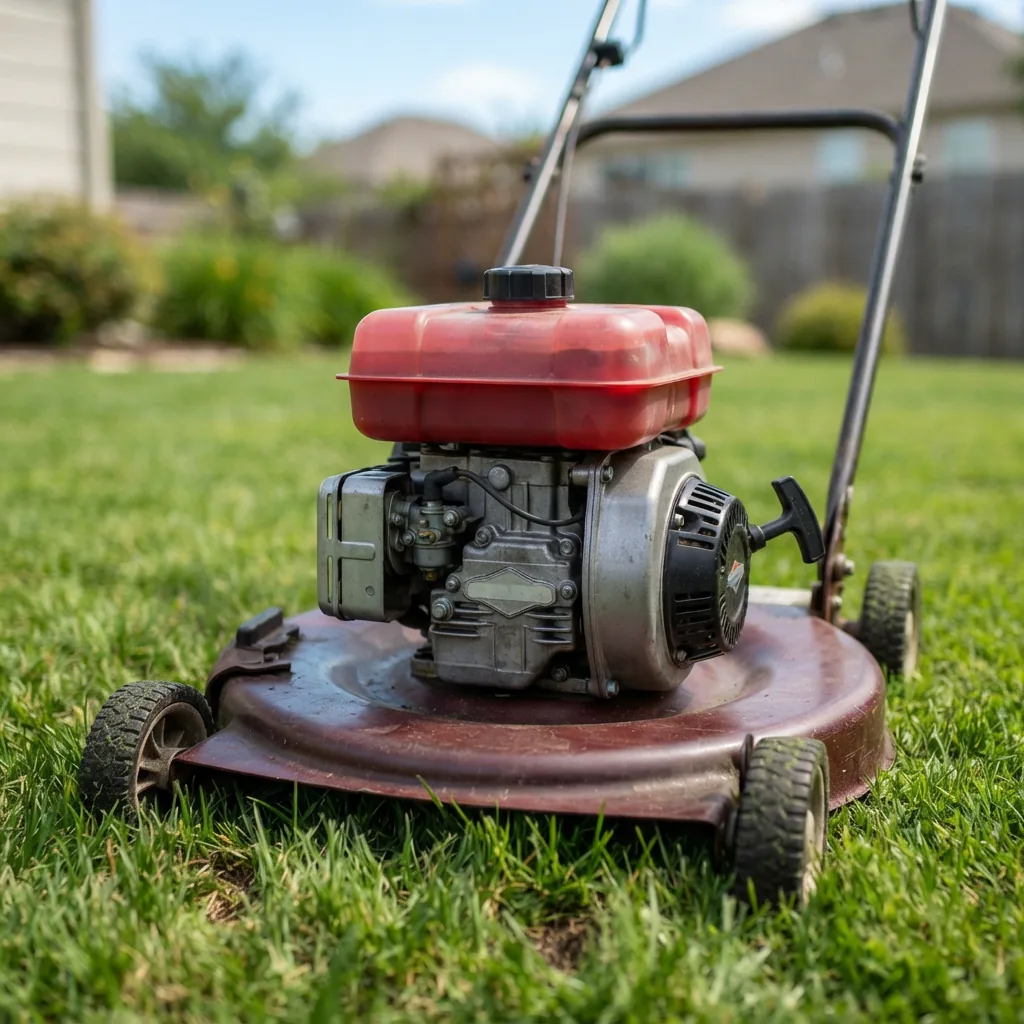 A close-up of a Bolens push lawn mower engine and fuel cap on a green lawn.